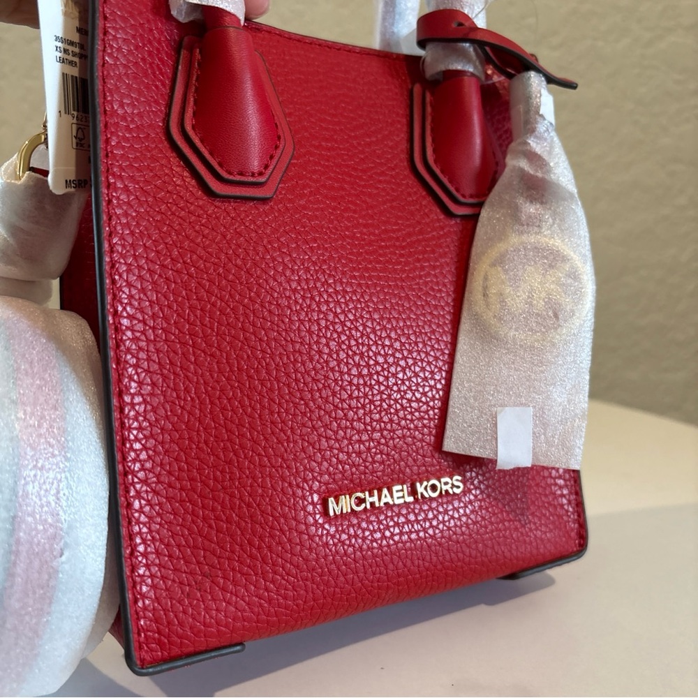 NWT Michael Kors Bright Red Leather Shopper Crossbody Bag - Picture 2 of 9